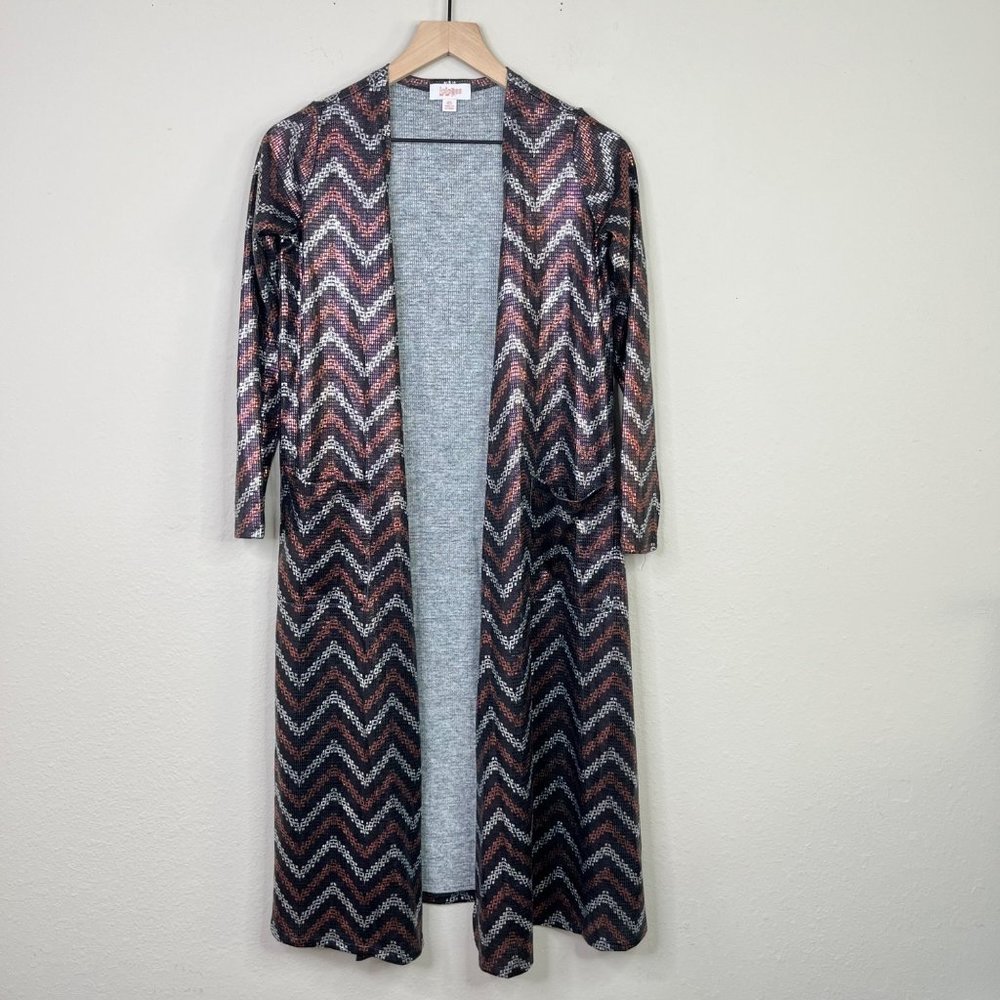 LuLaRoe Elegant Chevron Shimmering Sarah Cardigan Size XS Long Light Sweater